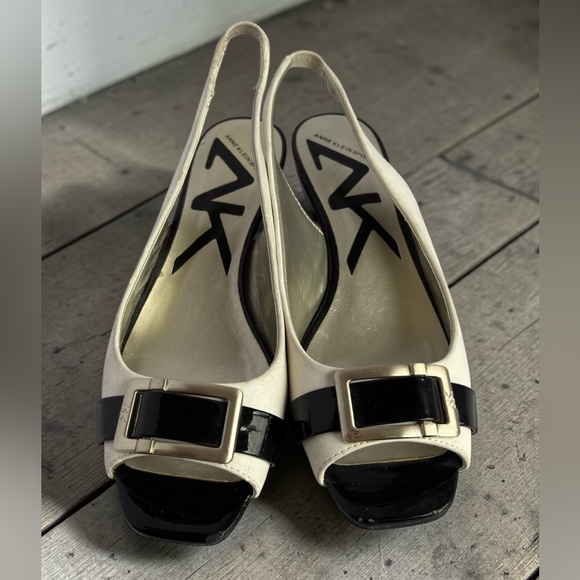 Anne Klein Sport Shoes - Anne Klein Sport Cream/Black Slingback Peep-Toe Low Heel Pumps